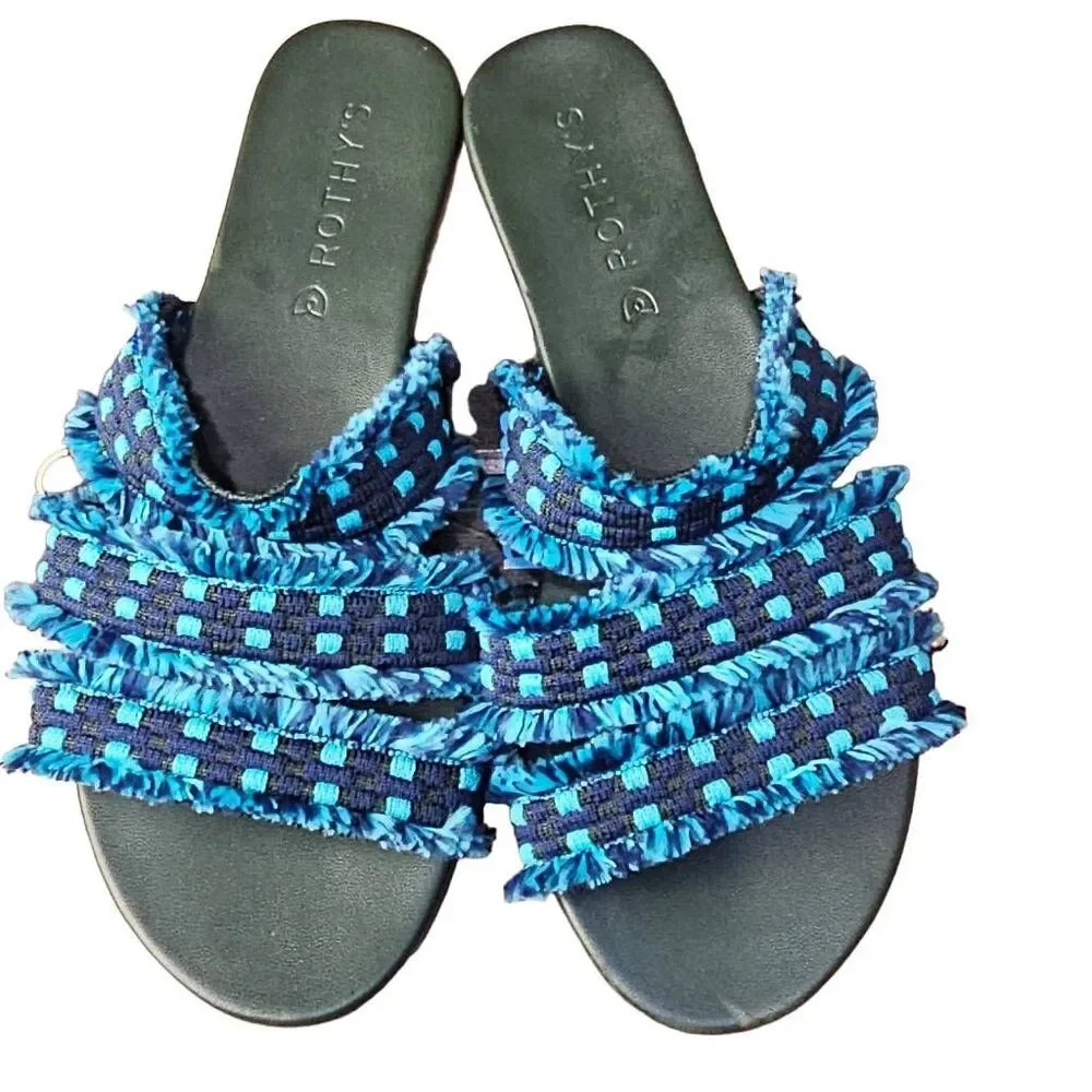 Rothy's Womens Blue Fringe Triple Fabric Strap Slide On Flat Sandals 6